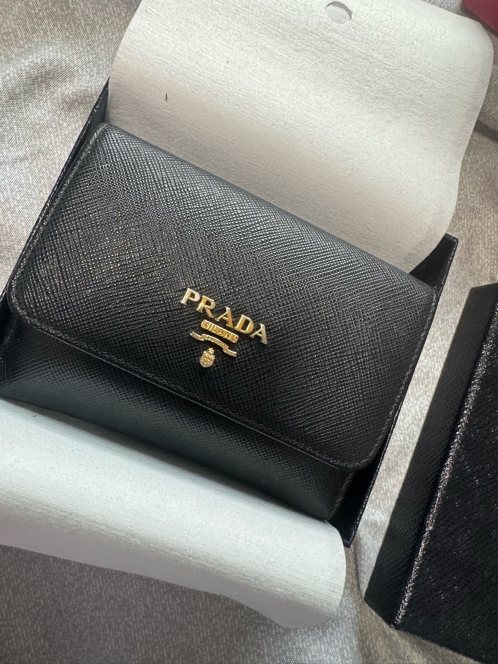 Prada Black Saffiano Leather Wallet with Gold Emblem